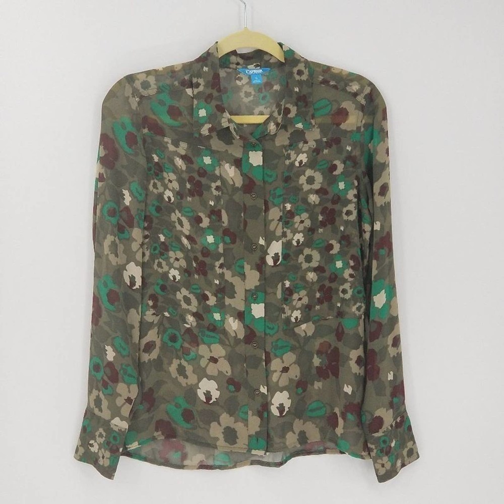 Nanette Lepore Button Up Retro Flower Print Semi Sheer Blouse Top Size Small